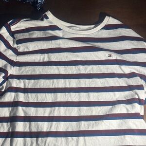 Tommy Hilfiger Navy and Burgundy Striped Tee